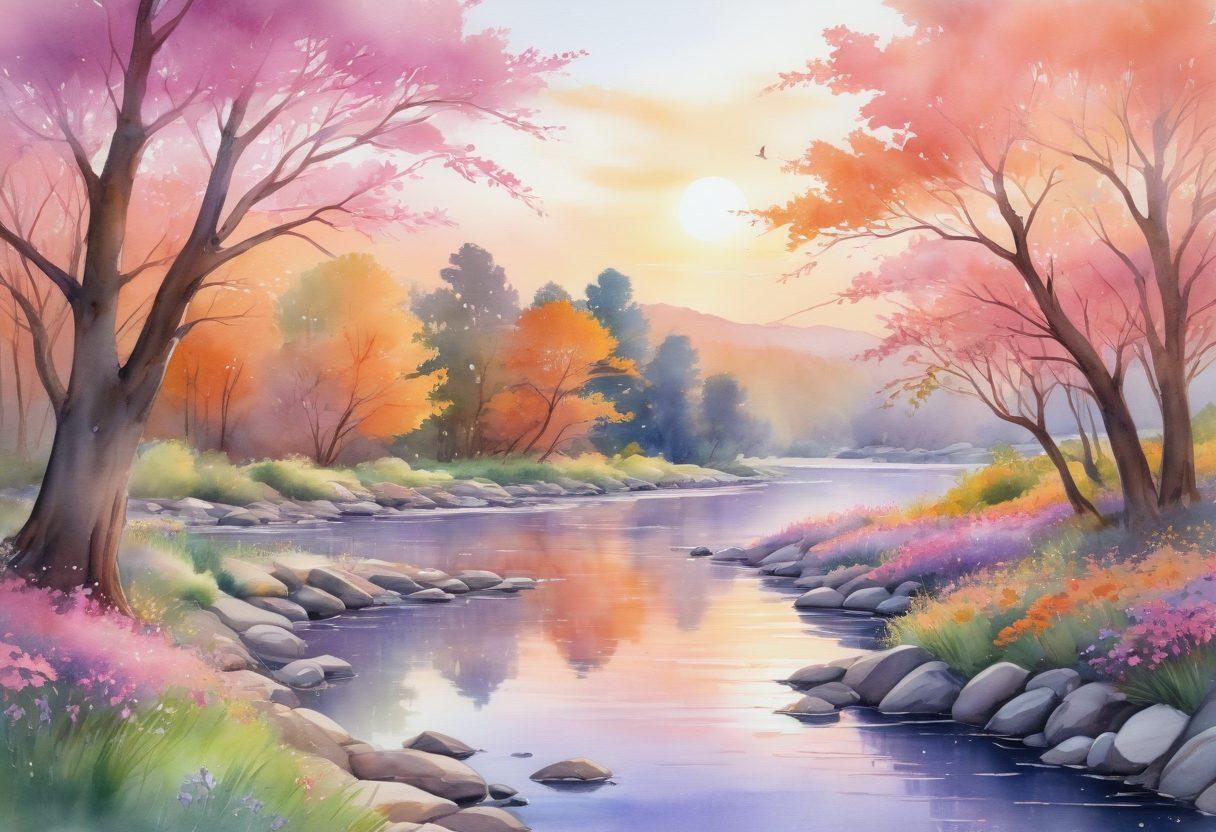 A serene landscape featuring a gently flowing river reflecting soft sunset hues, symbolizing peace in end-of-life planning. Include diverse individuals in a supportive circle, sharing memories and stories, surrounded by blooming trees and sustainable elements like recycled materials. Emphasize a sense of community and healing with warm, inviting colors. watercolor painting. soothing tones. nature-inspired.