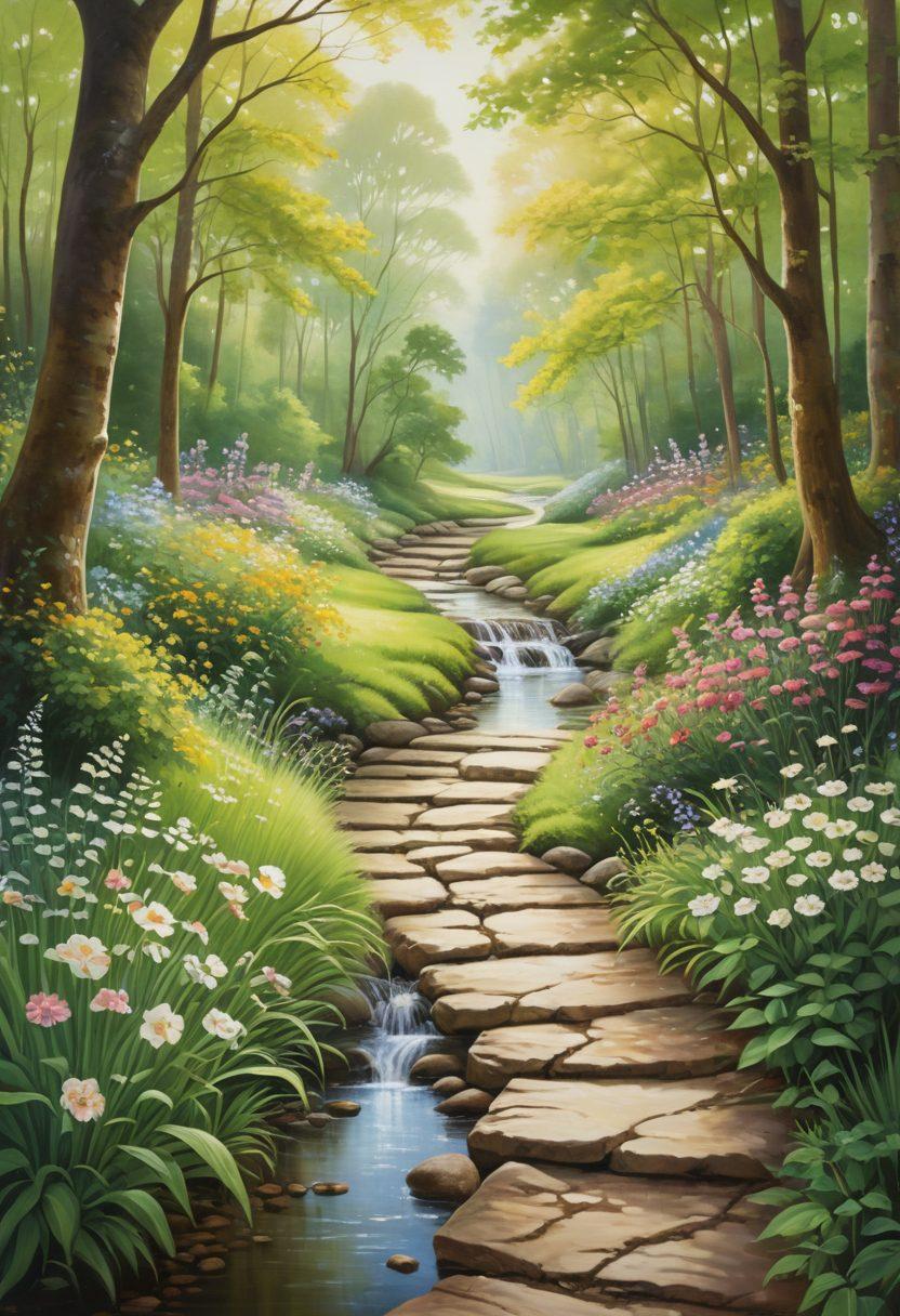 A serene landscape featuring a peaceful forest with soft sunlight filtering through the trees, symbolizing nature's tranquility. Include a gentle stream flowing through, with biodegradable urns and flowers along the banks, representing eco-friendly practices. Incorporate a peaceful pathway leading into the woods, suggesting a journey of holistic planning for end-of-life. Soft color palette with a calming atmosphere. painting. vibrant colors.